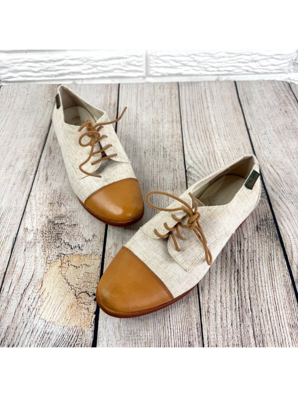 GH Bass & Co Cream Canvas Oxford Shoes Tan Leather Toe Cap Brown Laces Size 7.5M